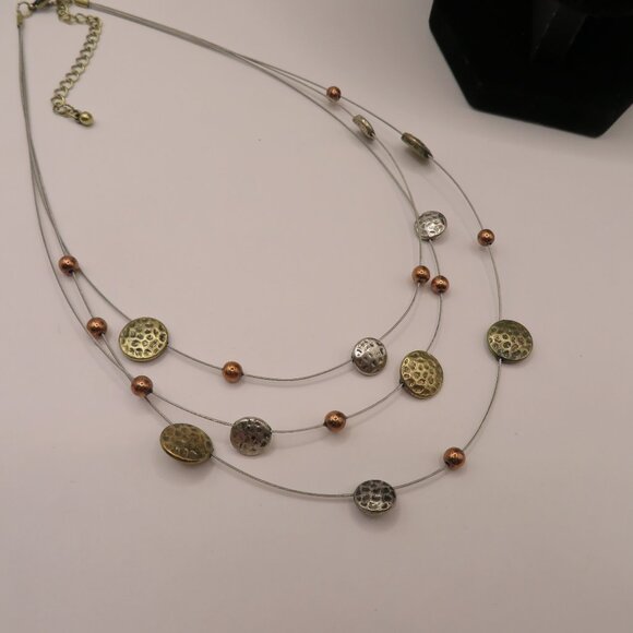 Floating Wire Gold Silver Tone Hammered Discs and Beads Necklace - Picture 3 of 6